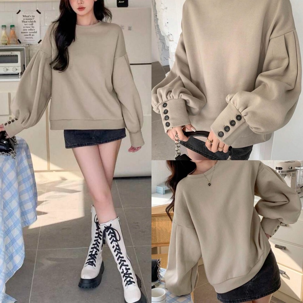 Puff Sleeve Oversized Crew Neck Pullover Sweater … - image 1